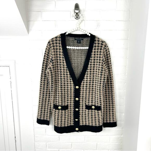 Tahari Brown Black Houndstooth Pattern Fuzzy Eyelash Cardigan Sweater Size S - Picture 1 of 9